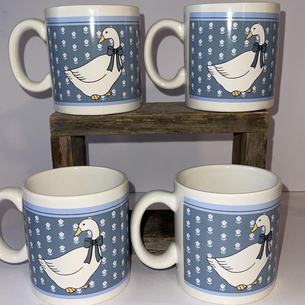 Goose Mugs Lot Of 4 ~ 10 oz Blue Floral Bow Ceramic Country Cottage Vintage - Picture 3 of 11